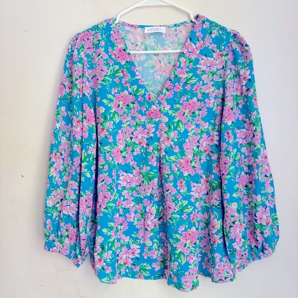 Emily Wonder Womens Shirt Sz S Split Neckline Blouse Top Orange Floral